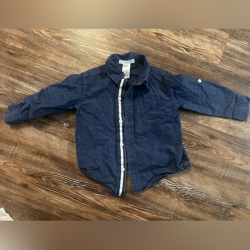 Janie and Jack Navy Button-Up Shirt with White Stripes - Picture 3 of 7